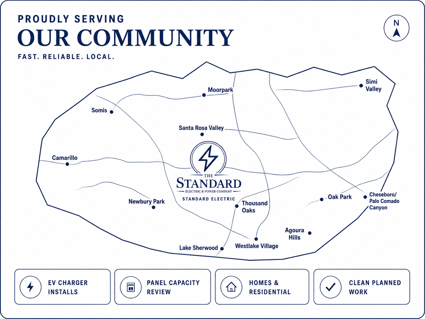 The Standard Electric and Power Company service area map showing Moorpark, Thousand Oaks, Simi Valley, Camarillo, Newbury Park, Westlake Village, Agoura Hills, Oak Park, Somis, Santa Rosa Valley, Lake Sherwood, and nearby communities